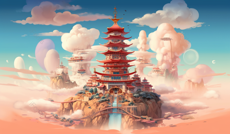 中国风天空云朵云端山峰上的高层高塔古典建筑瀑布和悬梯横版,插画/手绘图,插画/手绘图库,插画/手绘图下载,插画/手绘